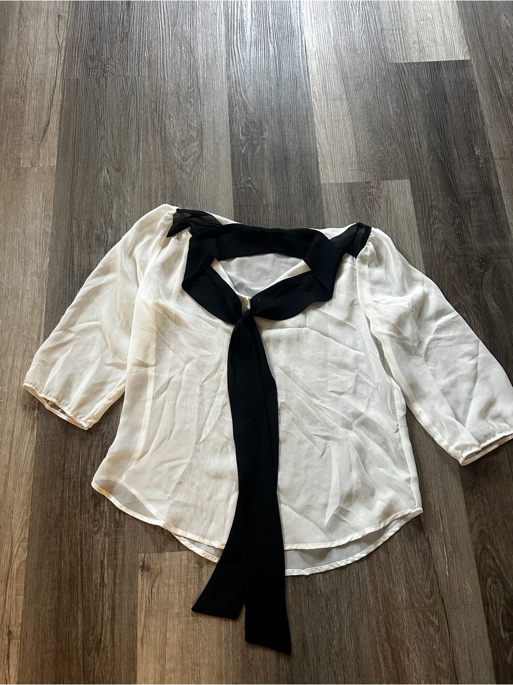 Lily White White Sheer Blouse with Black Tie-Neck